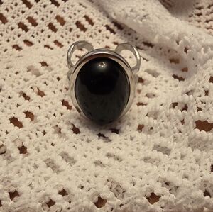 Black Gemstone On Adjustable Silver Tone Bezel Ring, Handmade